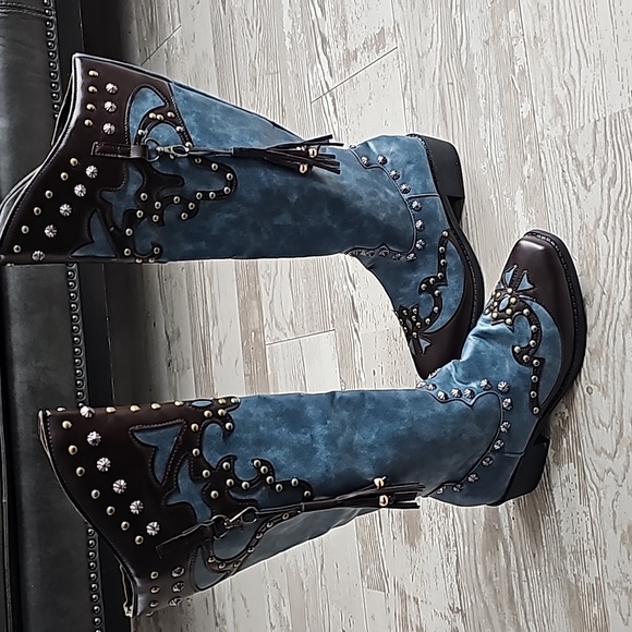 Turquoise Blue & Brown Gold & Silver Studded Knee High Cowgirl Boots w/Tassel. - Picture 4 of 7